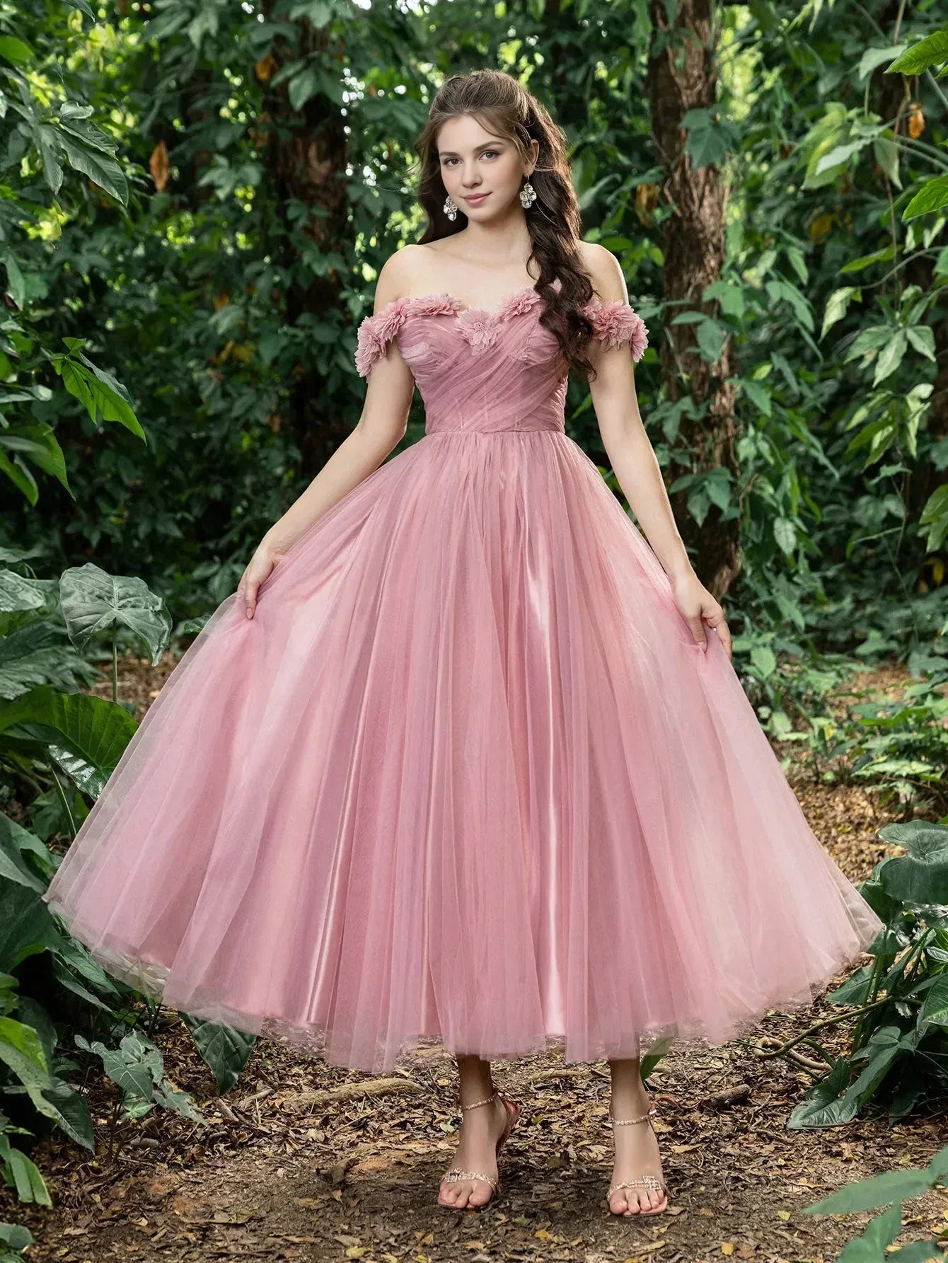 Fashion A-Line Off Shoulder Sleeveless Lace Up Ankle-Length Prom Dress